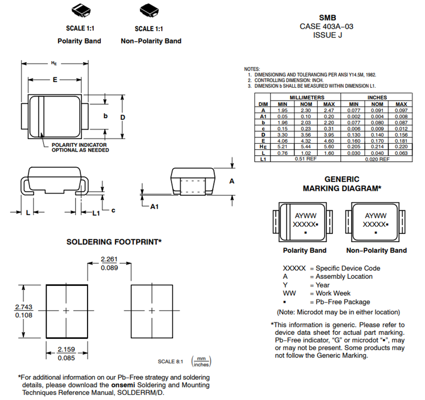 机械图纸 - onsemi MURS220/NRVUS220V/SURS8220整流器